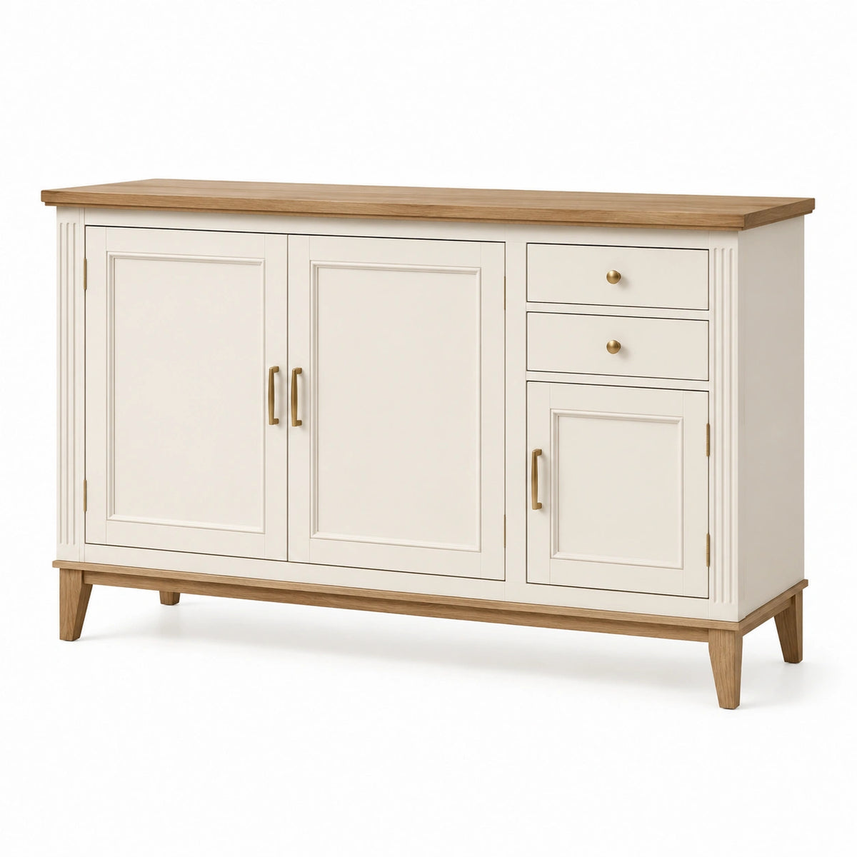 Aparador de madera y MDF blanco con detalles en roble 150x40x85 cm
