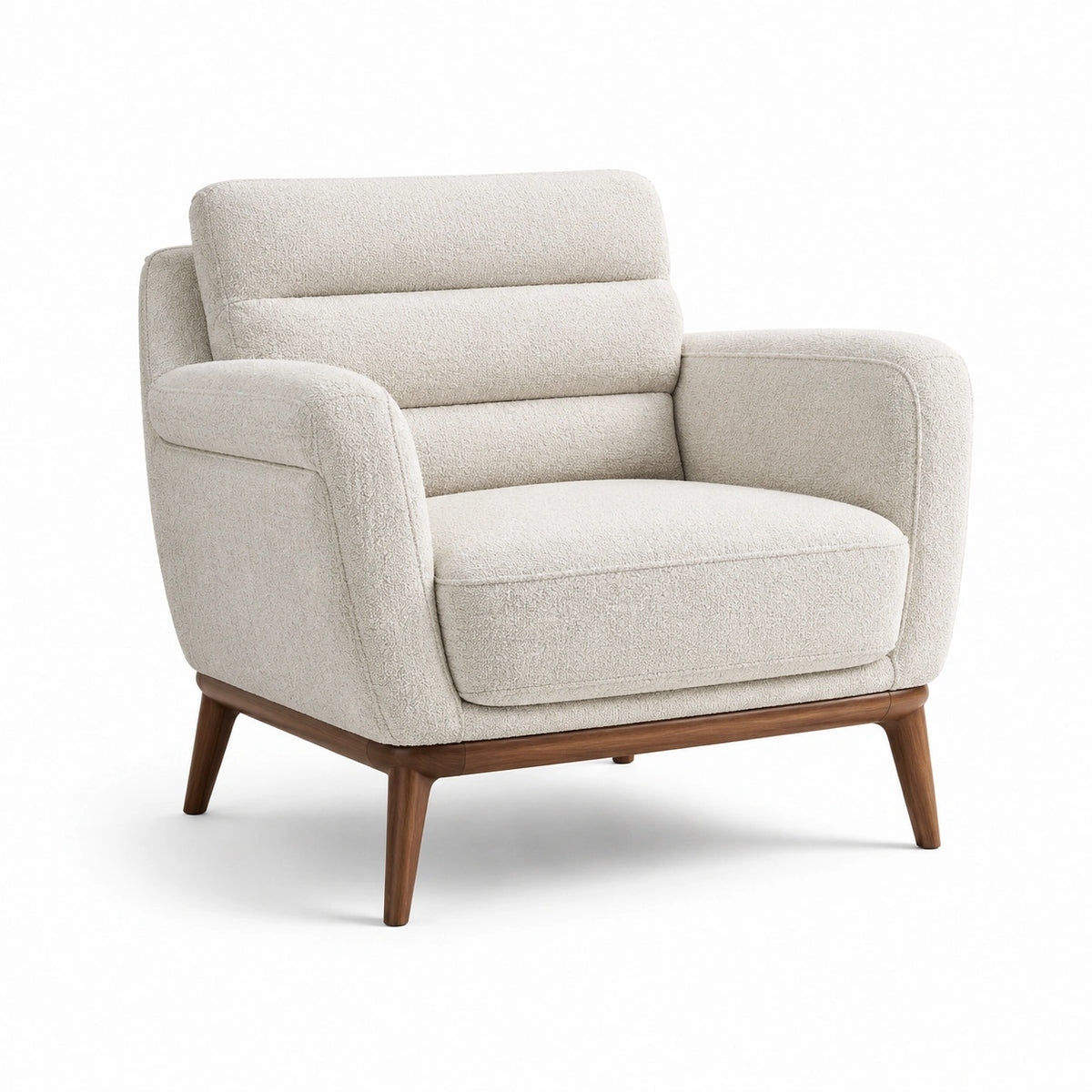 Sillón de tela de poliéster beige con patas de madera de nogal