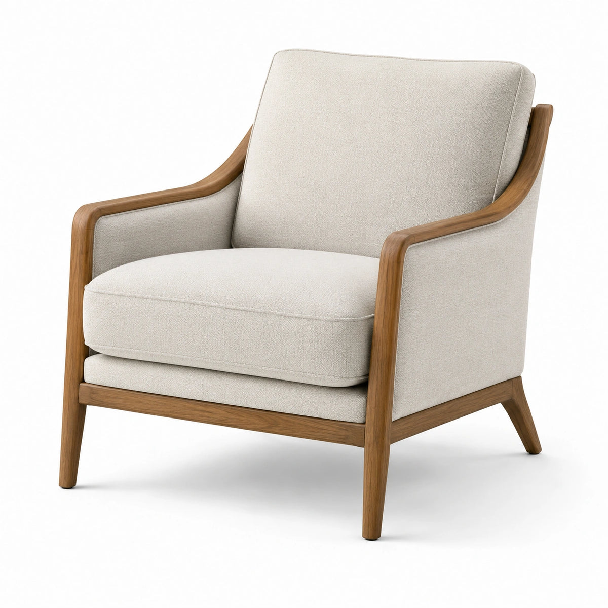Sillón de tela beige con estructura de madera