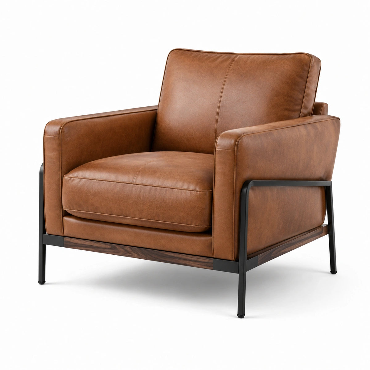 Sillón de cuero sintético marrón con estructura de acero