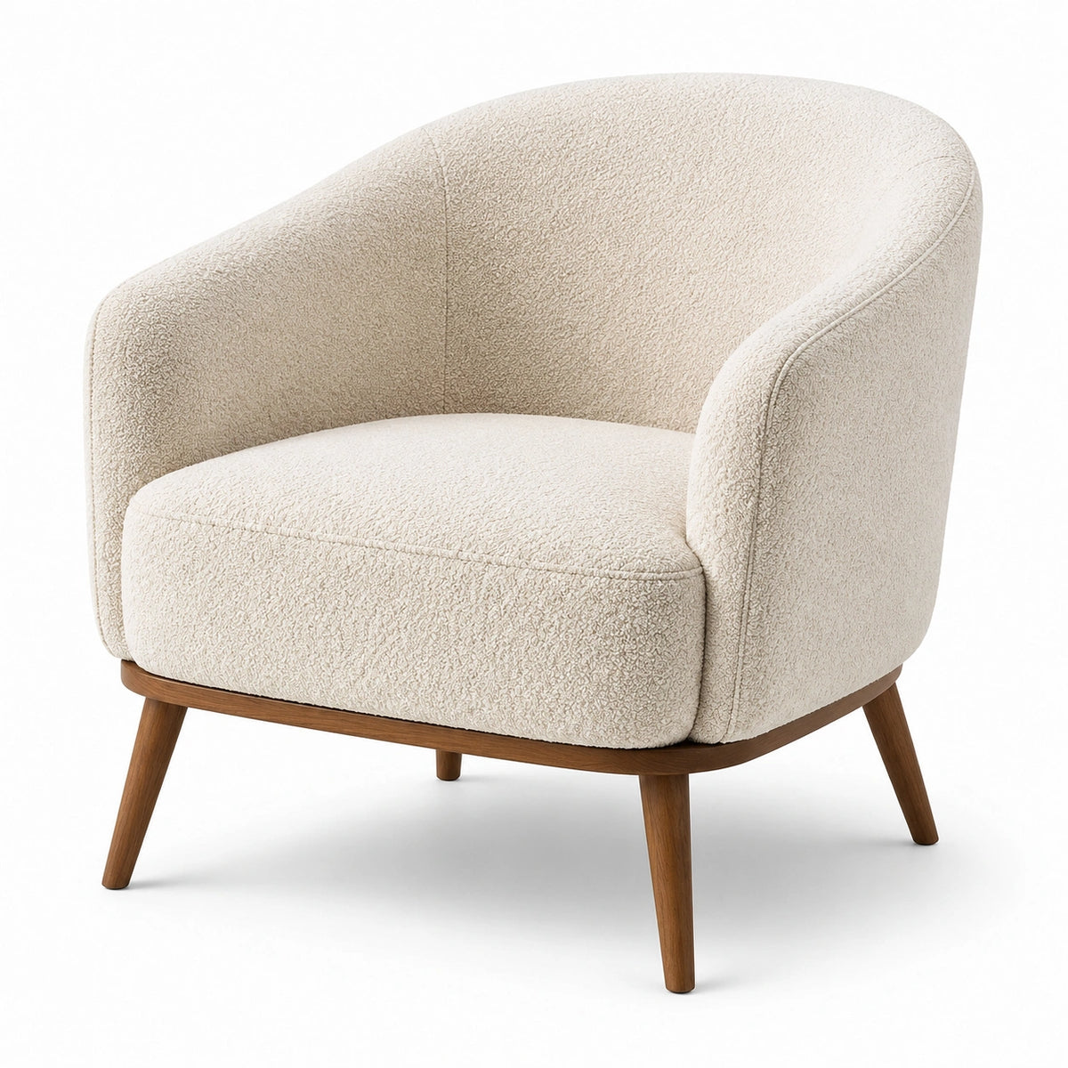 Sillón de poliéster bouclé crema con patas de madera de nogal