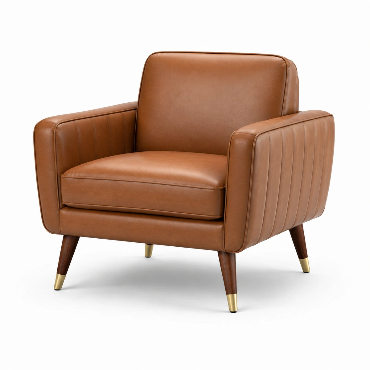 Sillón de piel sintética marrón con patas de madera y detalles metálicos