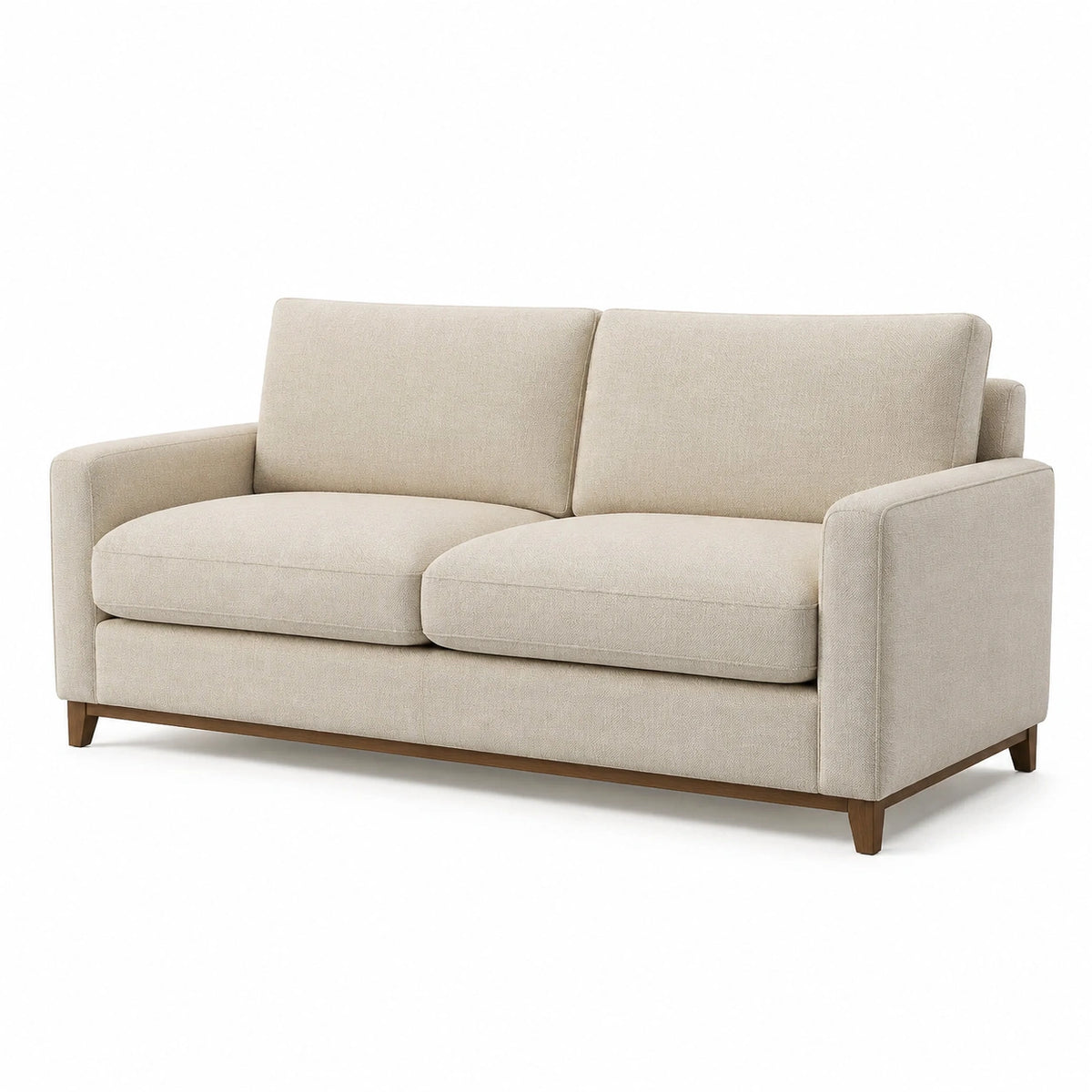 Sofá de tres plazas beige con tapicería de algodón y lino