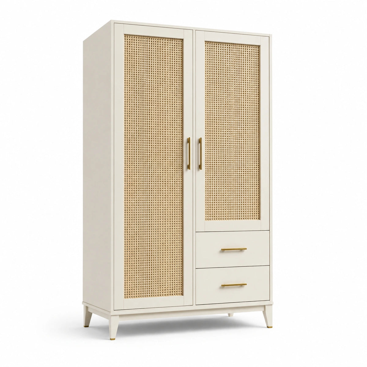 Armario de Madera con Puertas de Ratán y 2 Cajones Beige