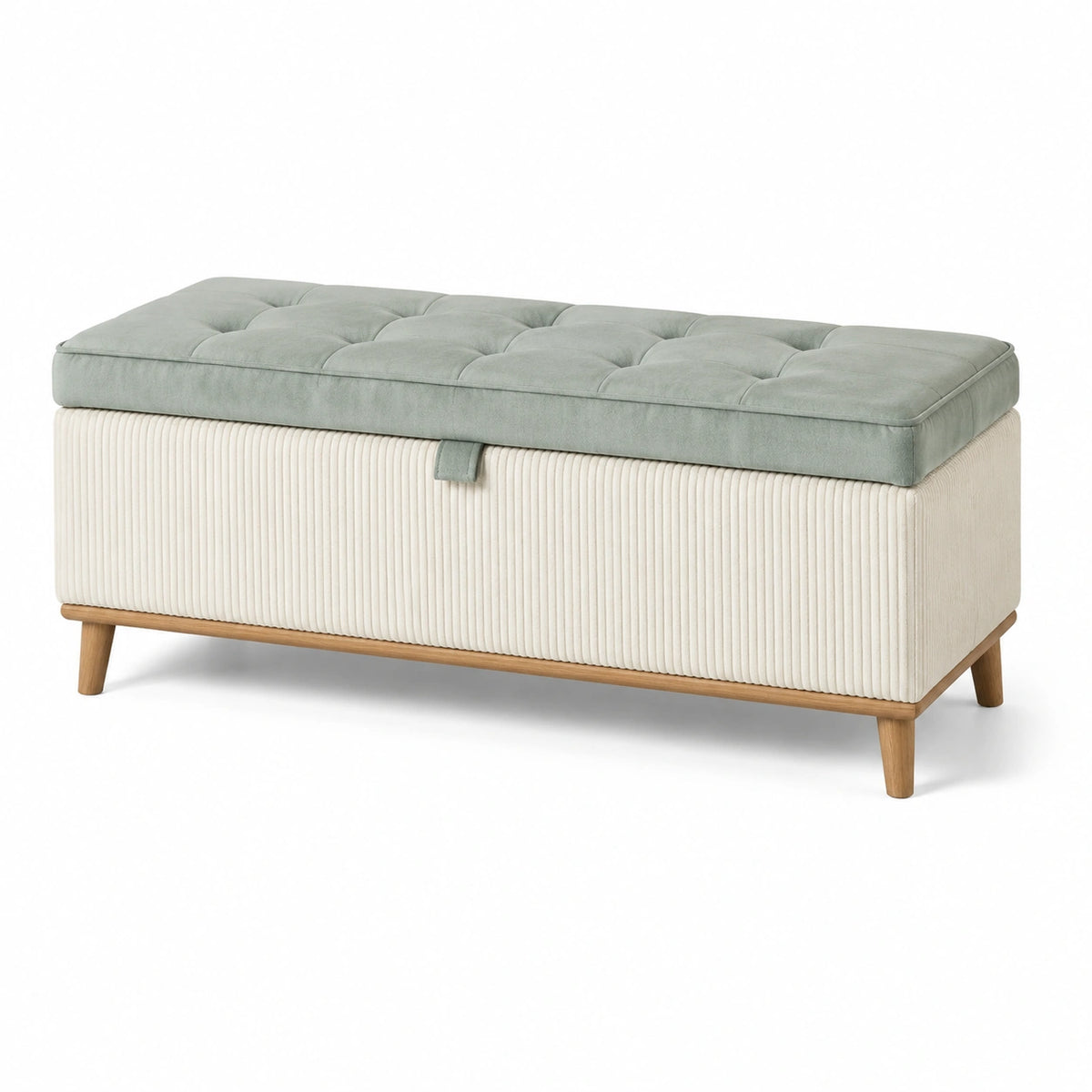 Banco de almacenamiento de pana beige y gris con patas de roble 120cm x 40cm x 45cm