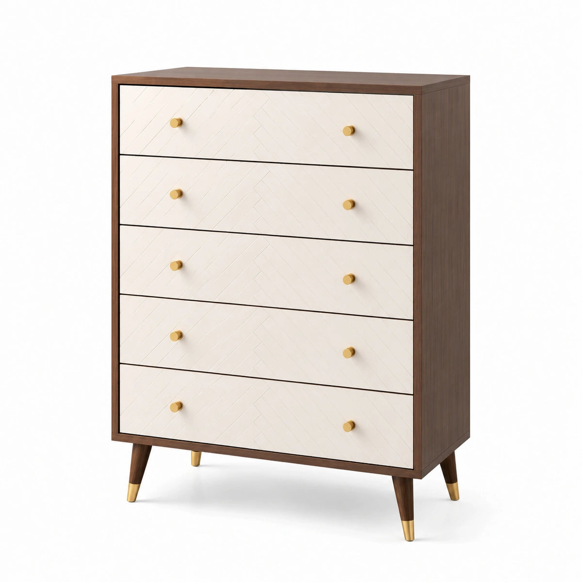 Cajonera de madera de nogal con frentes blancos y detalles dorados