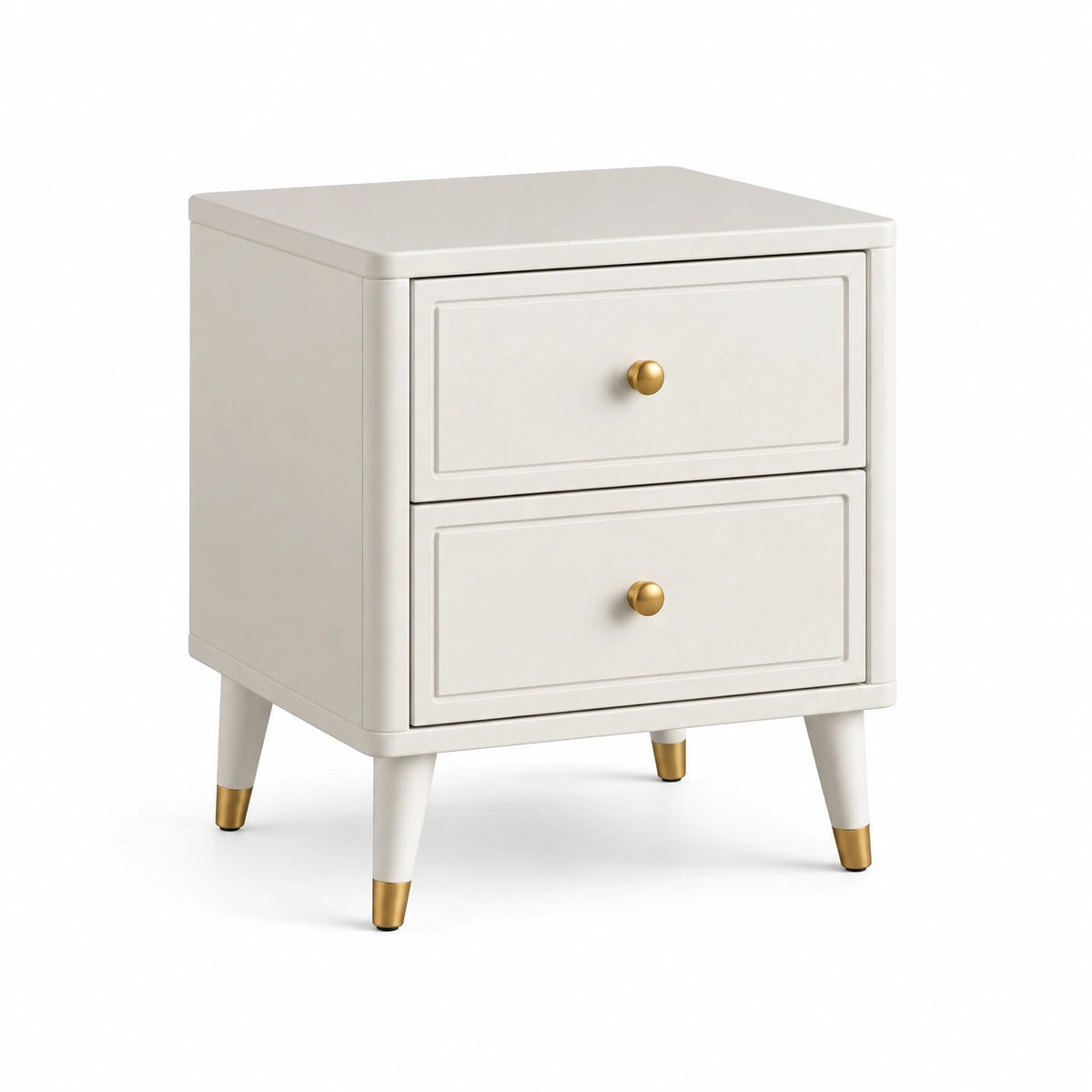 Mesita de noche de madera y metal con 2 cajones color blanco y detalles dorados