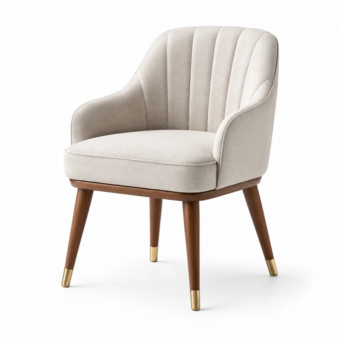 Silla de comedor de tela beige con patas de madera de nogal