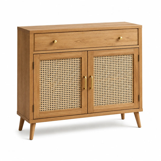Aparador de Madera y Ratán con Cajón Roble 90x80x35 cm