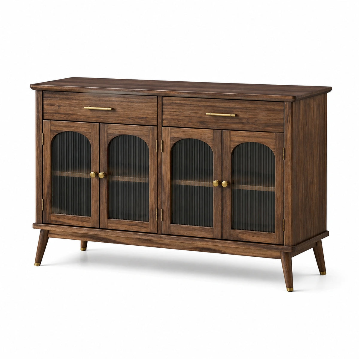 Aparador de madera con puertas de vidrio estriado y cajones