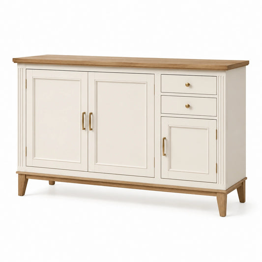 Aparador de madera y MDF blanco con detalles en roble 150x40x85 cm