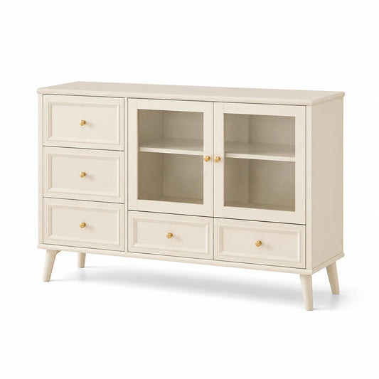 Aparador de madera beige con cajones y puertas de vidrio templado