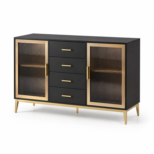 Aparador de MDF negro con puertas de vidrio acanalado y marco dorado