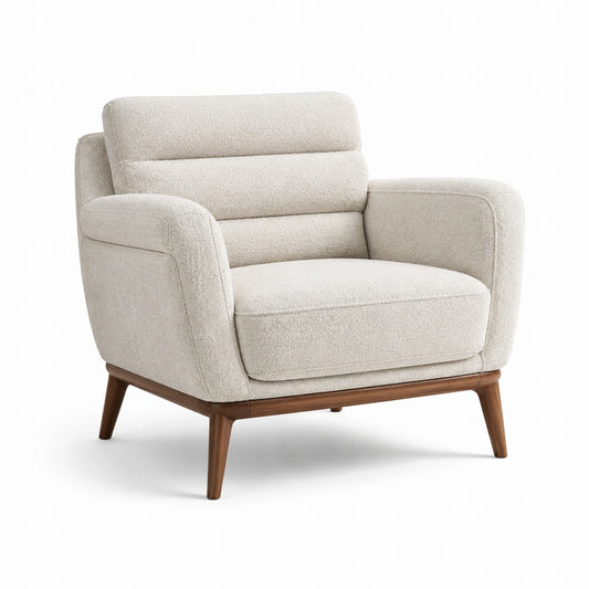 Sillón de tela de poliéster beige con patas de madera de nogal