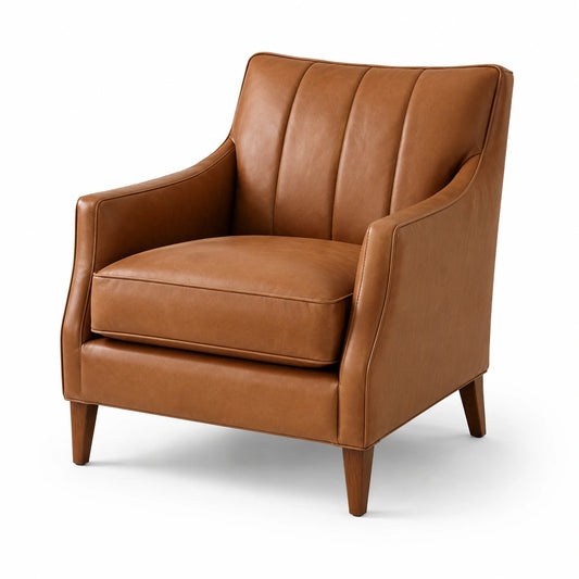Sillón de cuero sintético marrón con patas de madera