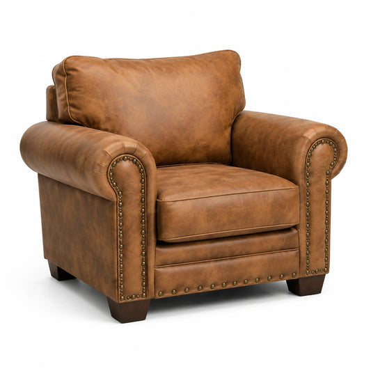 Sillón de cuero sintético marrón con estructura de madera