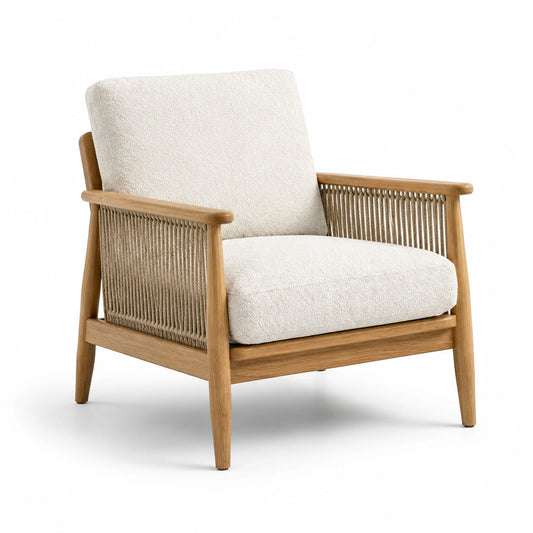 Sillón de madera de roble con cojín de poliéster beige