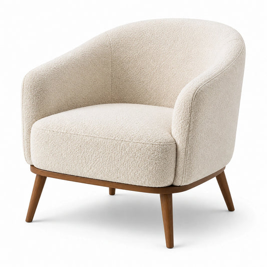 Sillón de poliéster bouclé crema con patas de madera de nogal