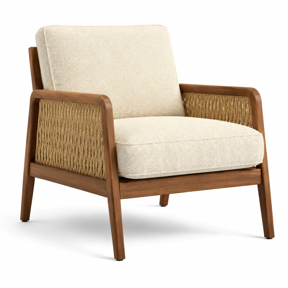 Sillón de Madera con Tejido de Fibra y Algodón Crema