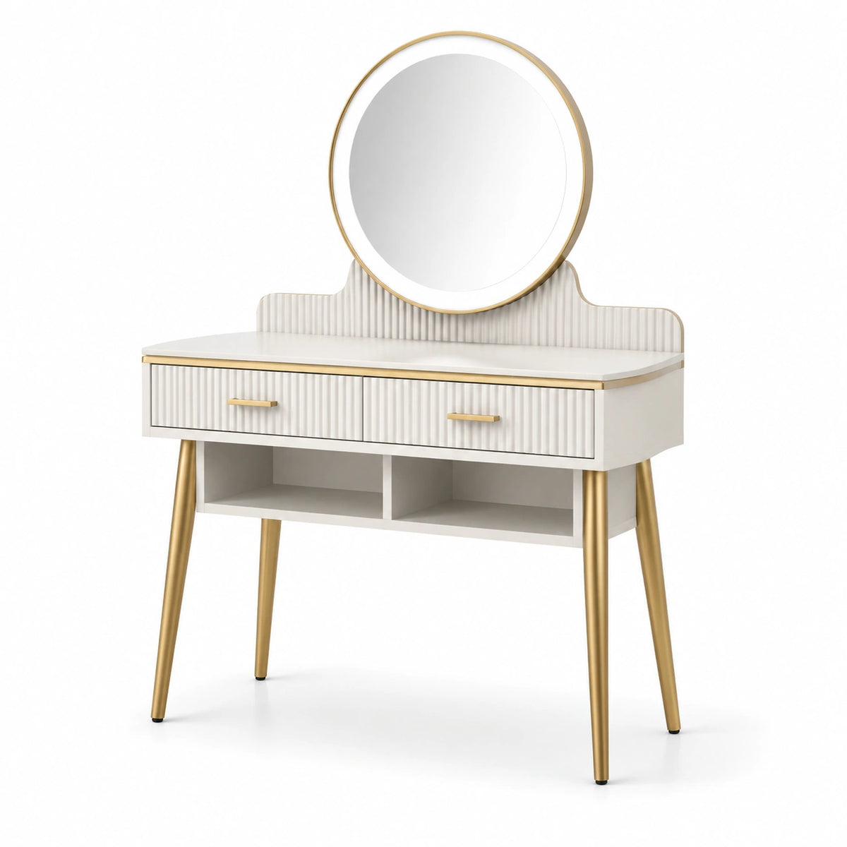 Tocador de MDF y metal con espejo redondo blanco y dorado