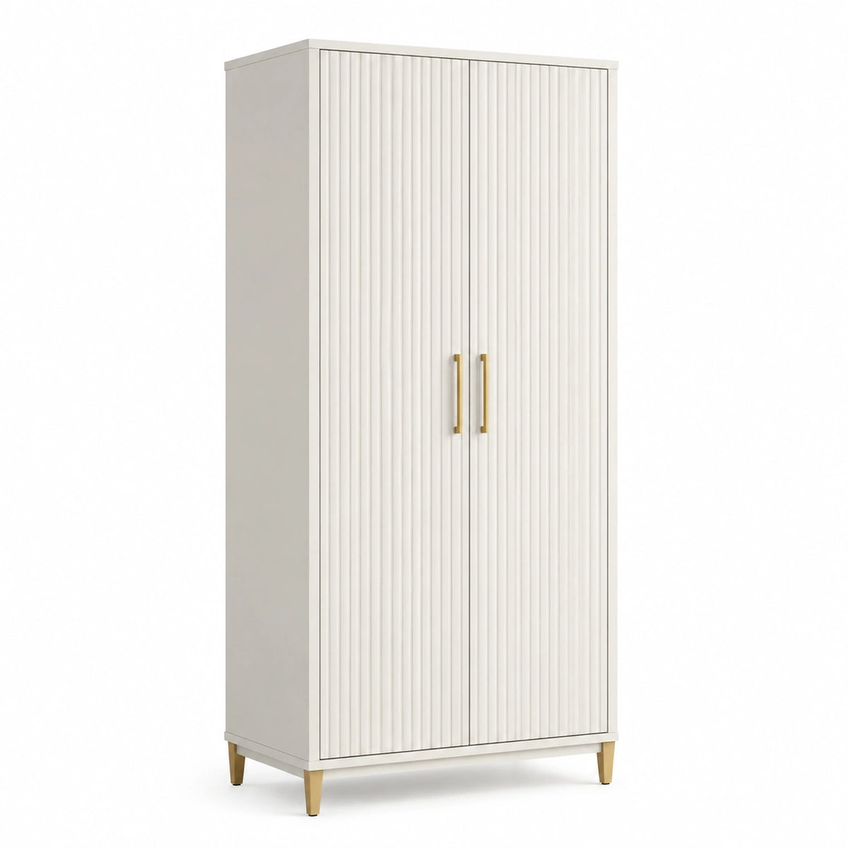 Armario de MDF blanco con puertas veteadas y patas de metal doradas 200x90x50 cm