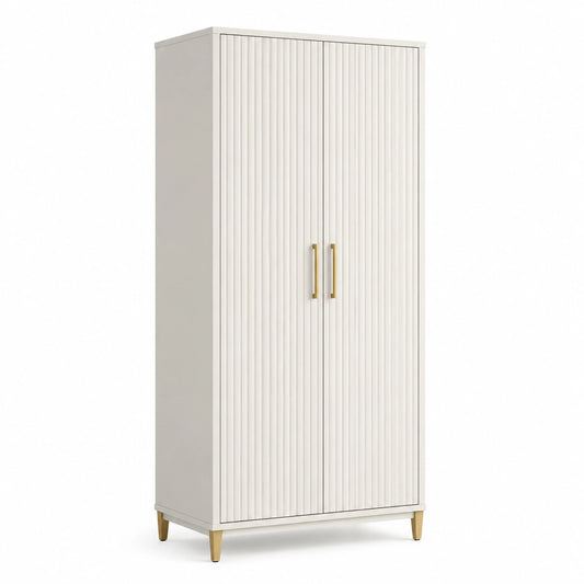 Armario de MDF blanco con puertas veteadas y patas de metal doradas 200x90x50 cm
