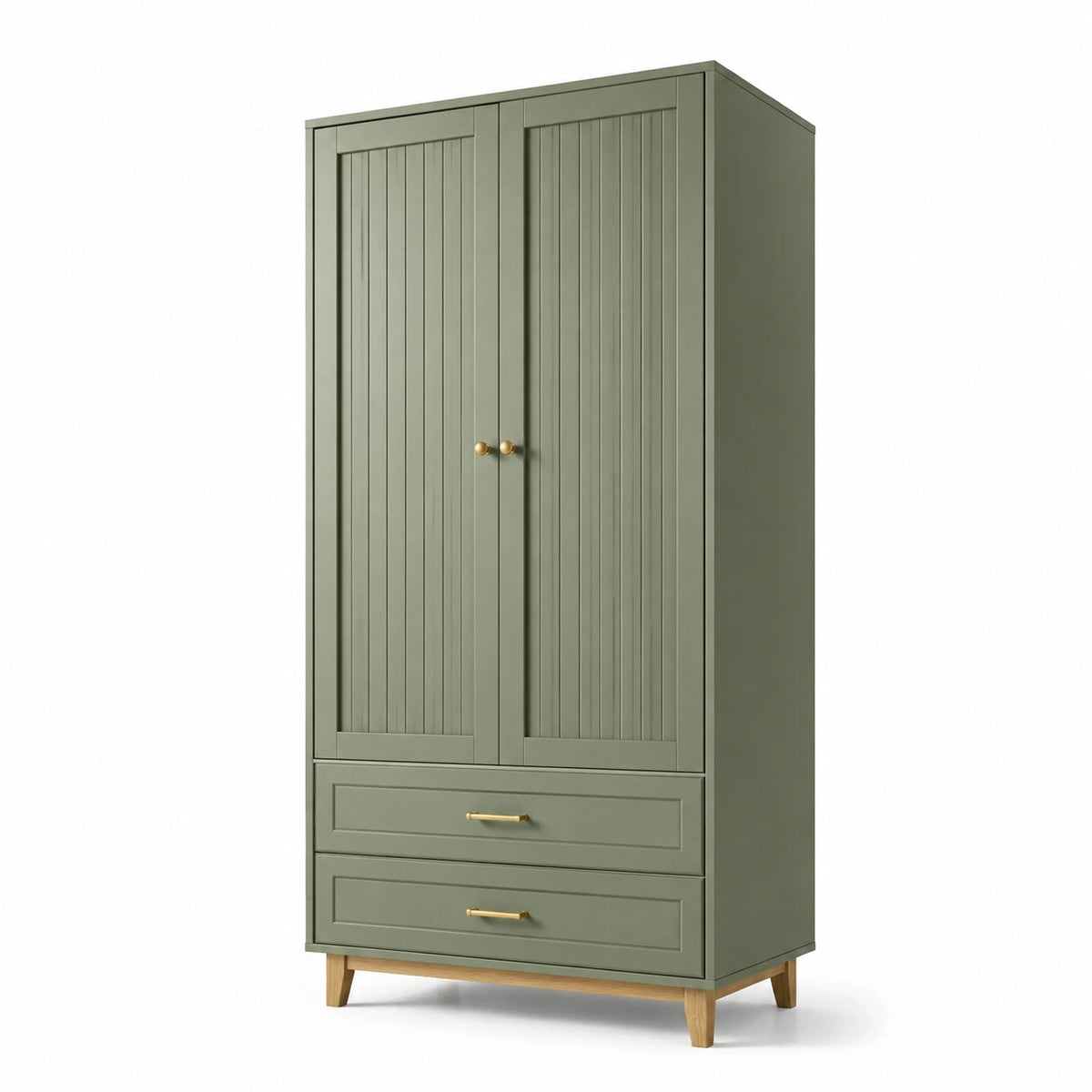 Armario de madera con puertas y cajones verde oliva