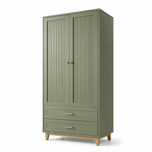 Armario de madera con puertas y cajones verde oliva