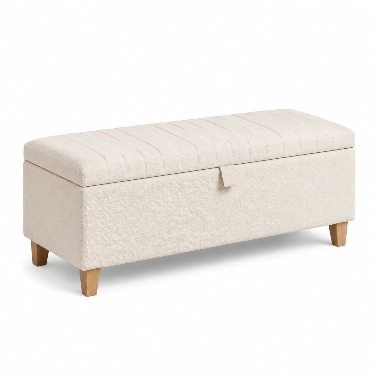 Banco de almacenamiento beige con tela de poliéster y madera