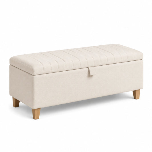 Banco de almacenamiento beige con tela de poliéster y madera