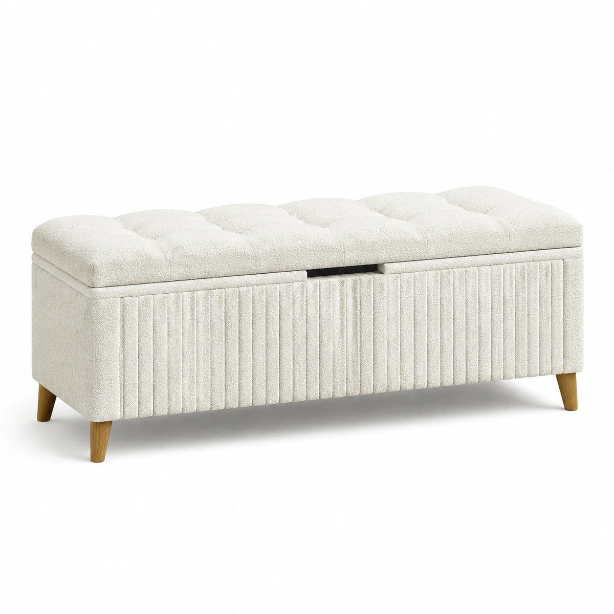 Banco de almacenamiento de poliéster beige con patas de madera