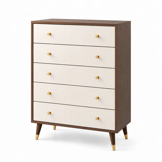 Cajonera de madera de nogal con frentes blancos y detalles dorados