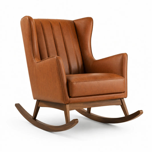 Mecedora de cuero sintético marrón y madera