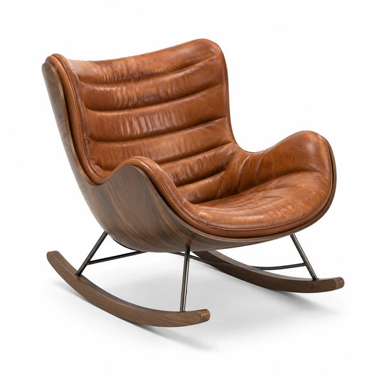 Mecedora de cuero con estructura de madera de nogal y metal