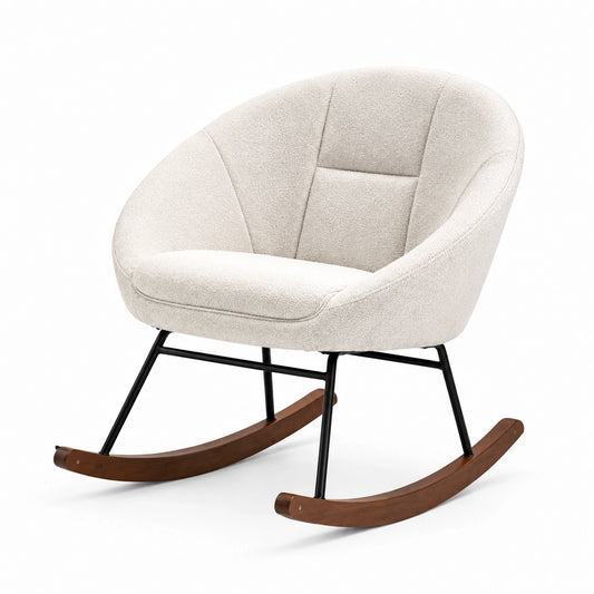 Mecedora de tela crema con patas de metal y base de madera 80x70x75 cm