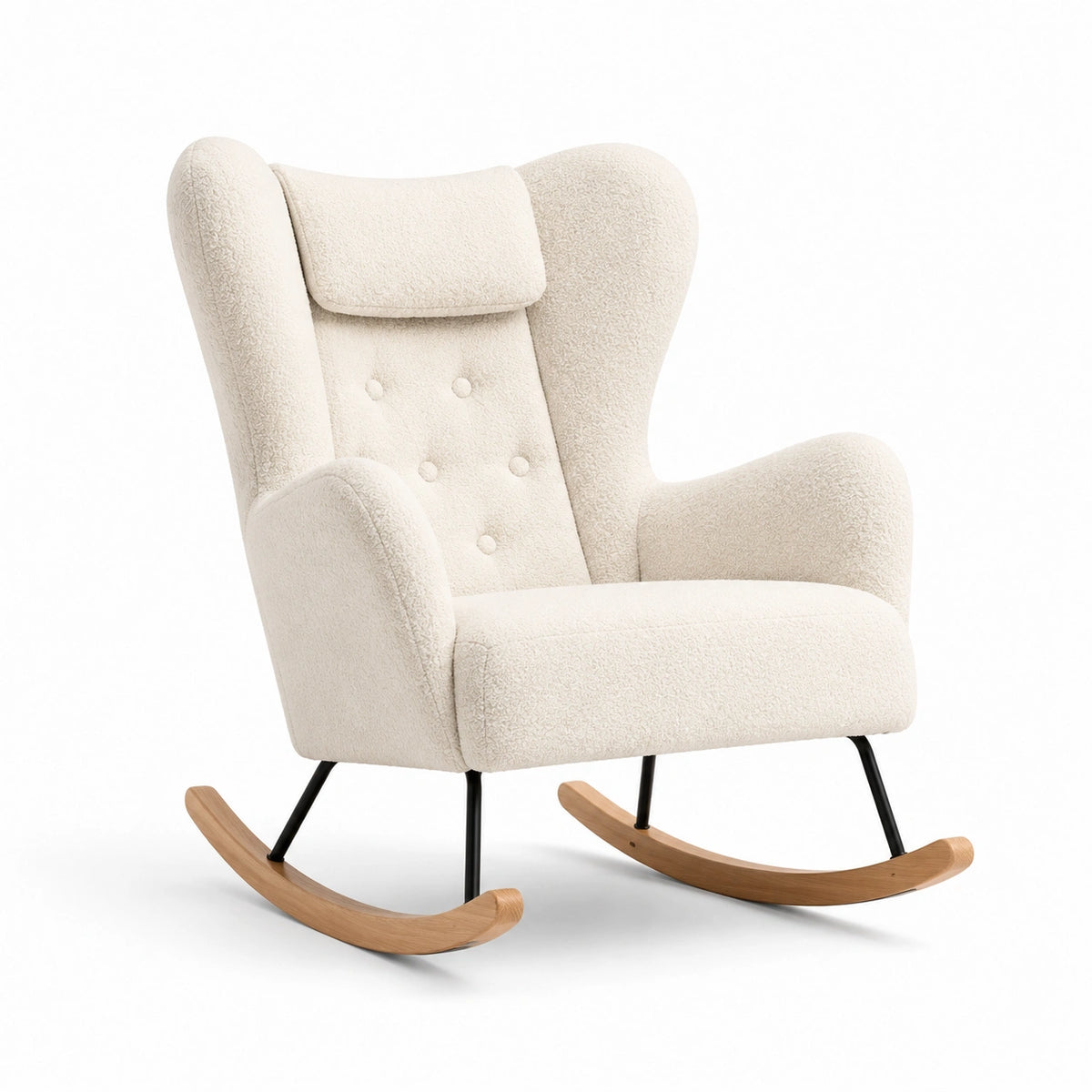 Mecedora de tela bouclé beige con estructura de haya y metal