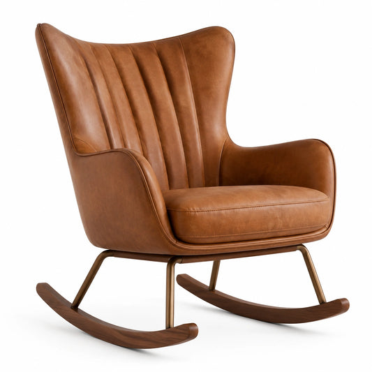 Mecedora de cuero sintético marrón con estructura de metal y patas de madera