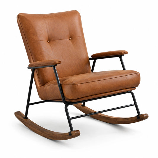 Mecedora de piel sintética marrón con estructura de metal y base de madera