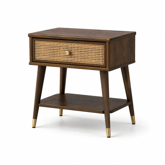 Mesita de noche de madera con cajón de ratán natural