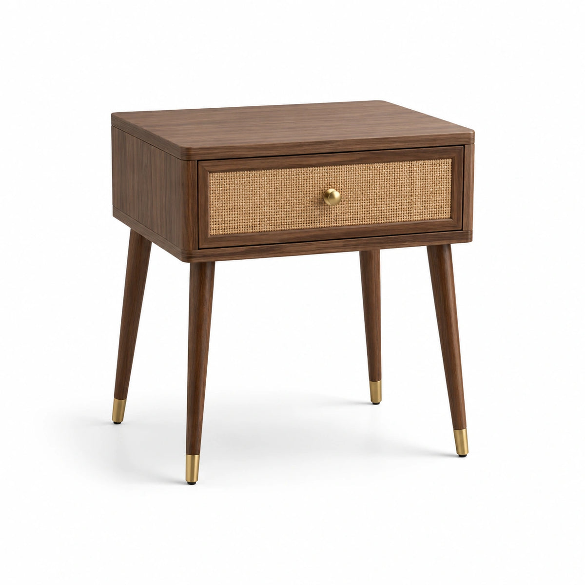 Mesita de noche de madera y mimbre marrón con detalles dorados