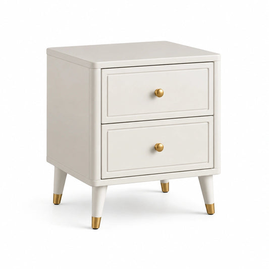 Mesita de noche de madera y metal con 2 cajones color blanco y detalles dorados