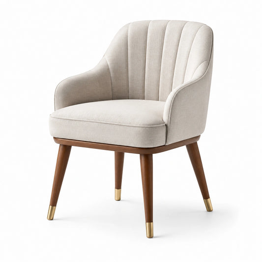 Silla de comedor de tela beige con patas de madera de nogal